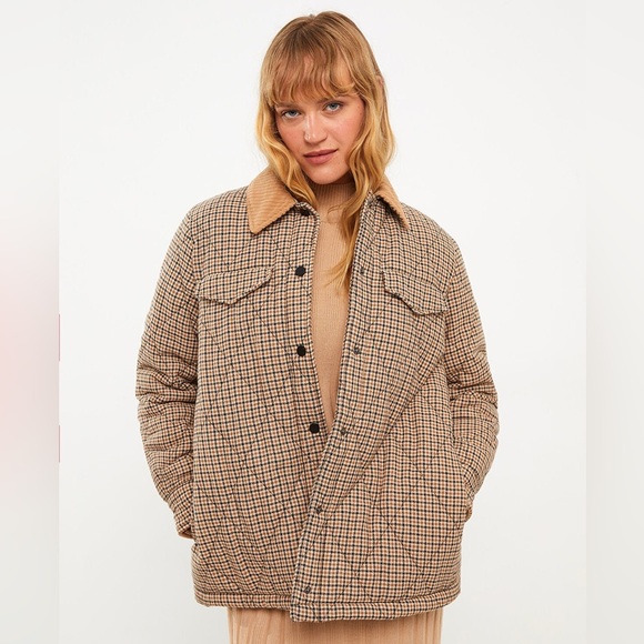 Zara Plaid Quilted Corduroy Collar Tan Cream Black Button Down Jacket Shacket - Picture 5 of 14